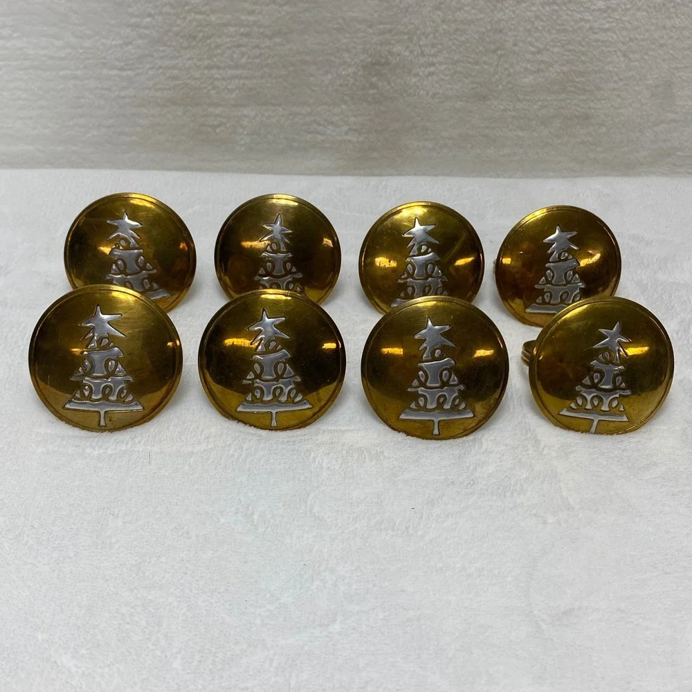 Set of 8 VTG Christmas Tree Napkin Rings Holders Brass Silver Tone Holiday Decor